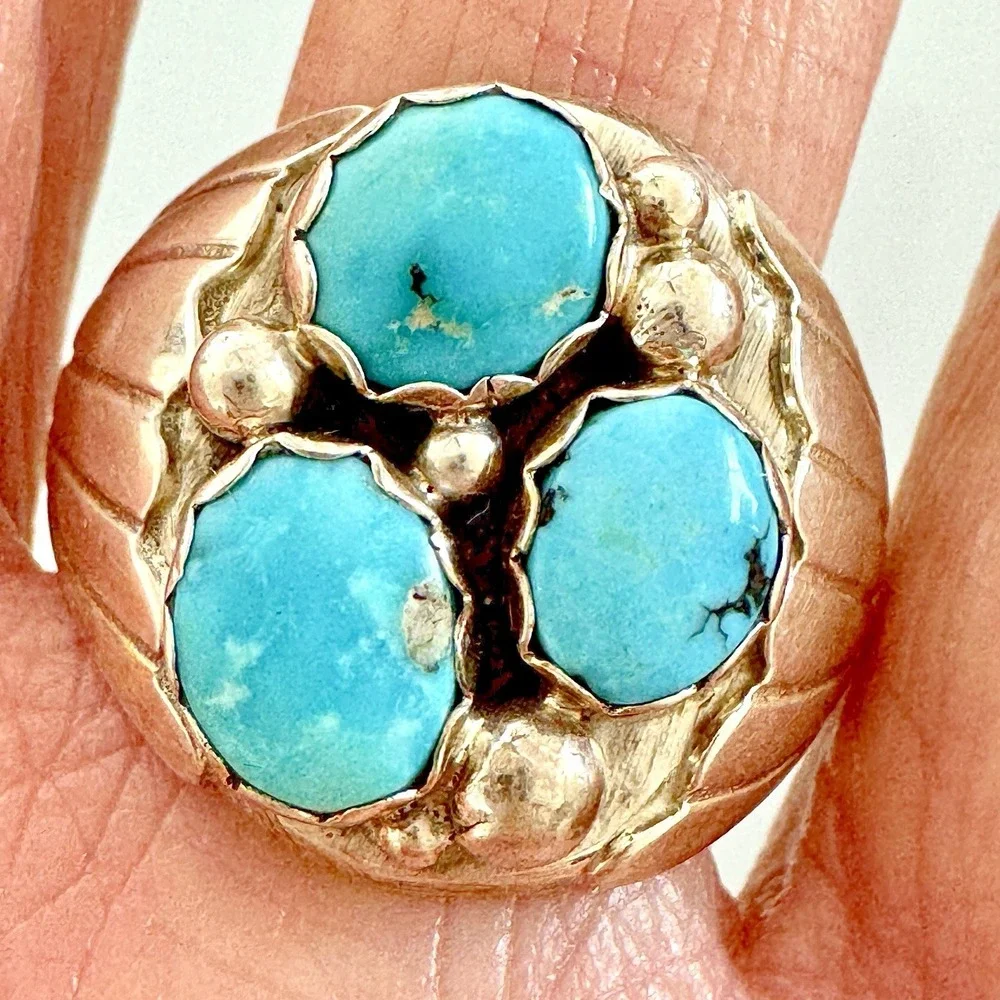 Navajo Three Stone Turquoise Ring Sz 13.5 Signed Spencer Fans 22mm Band Mens